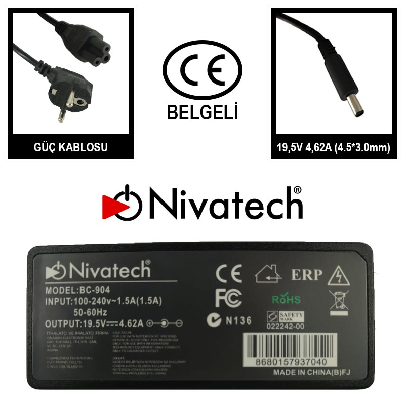 Nivatech BC904 AC/DC LAPTOP POWER SUPPLY 19,5V 4,62A (4,5*3,0mm)