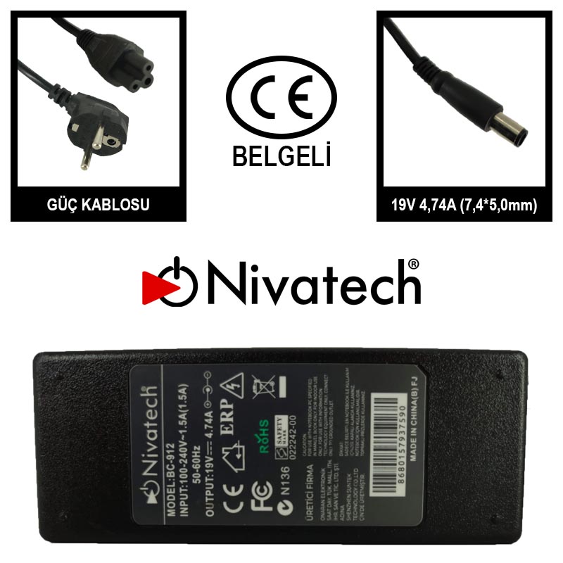Nivatech BC-912 AC/DC LAPTOP POWER SUPPLY 19V 4,74A (7,4*5,0mm) HP