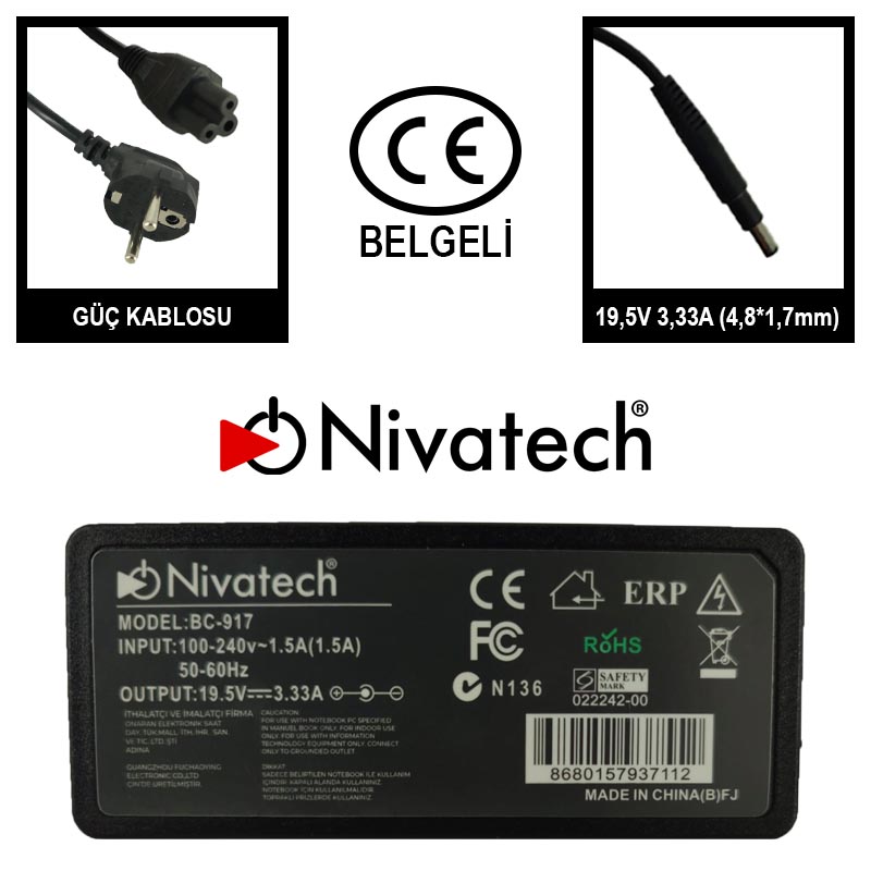 Nivatech BC917 AC/DC ADAPTER 19,5V 3,33A (4,8*1,7mm) KADEMELİ HP