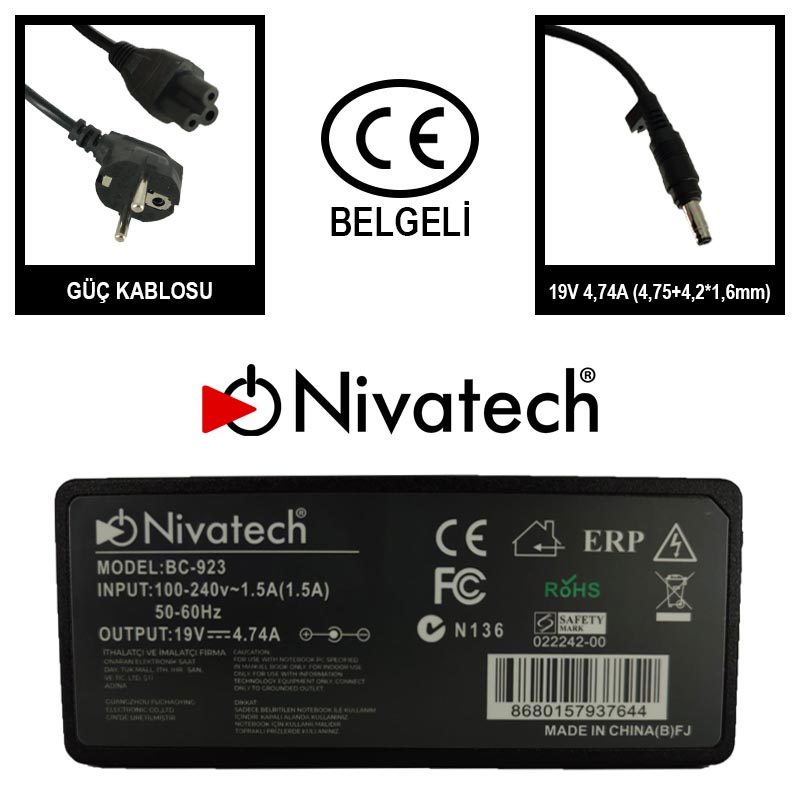 Nivatech BC-923 AC/DC LAPTOP POWER SUPPLY  19V 4,74A (4,75+4,2*1,6mm) HP