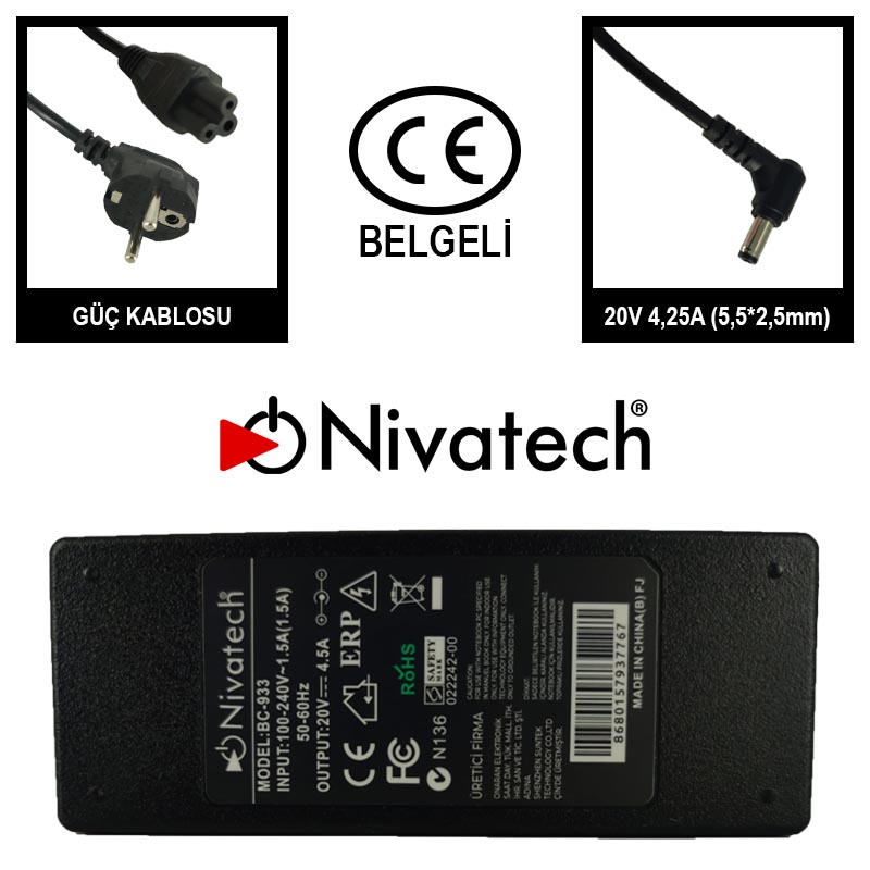 Nivatech BC-933 AC/DC LAPTOP POWER SUPPLY 20V 4,5A (5,5*2,5mm) LENOVO