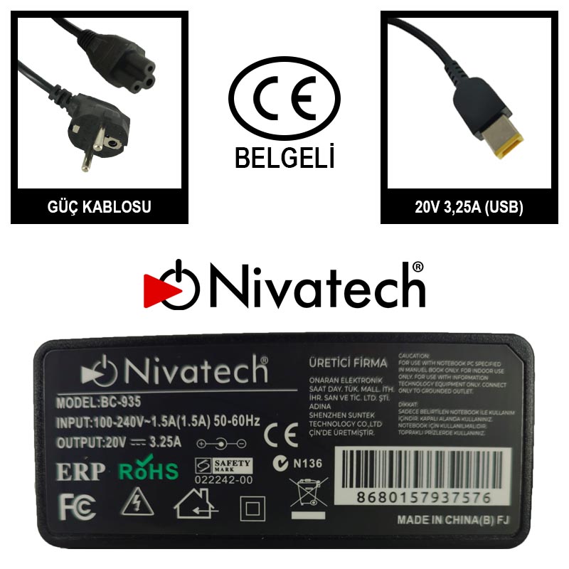 Nivatech BC935 AC/DC LAPTOP POWER SUPPLY 20V 3,25A USB