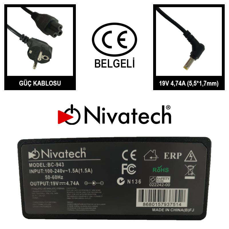 Nivatech BC-943 AC/DC LAPTOP POWER SUPPLY 19V 4,74A (5,5*1,7mm) ACER