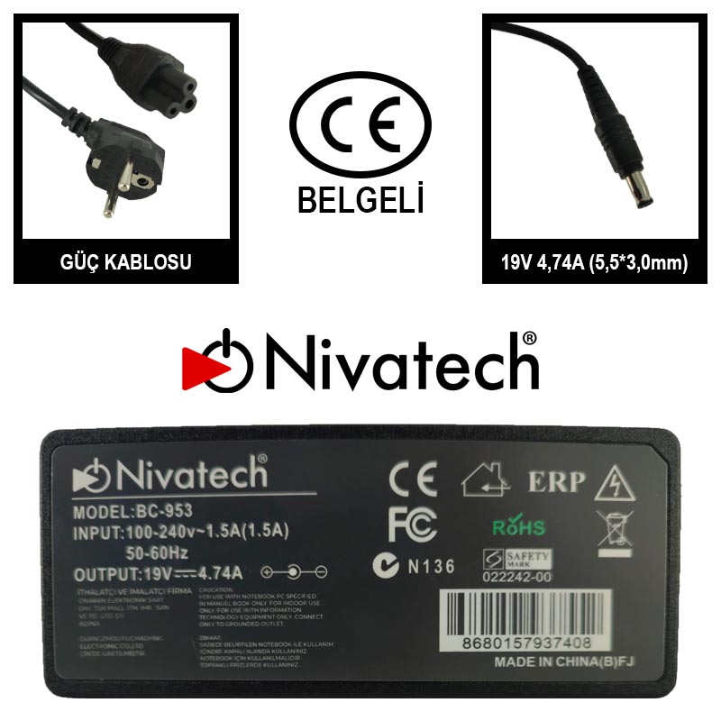 Nivatech BC-953 AC/DC LAPTOP POWER SUPPLY 19V 4,74A (5,5*3,0mm) SAMSUNG