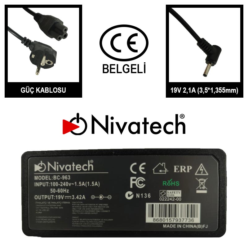 Nivatech BC-963 AC/DC LAPTOP POWER SUPPLY 19V 3,42A (3,5*1,35mm) CASPER
