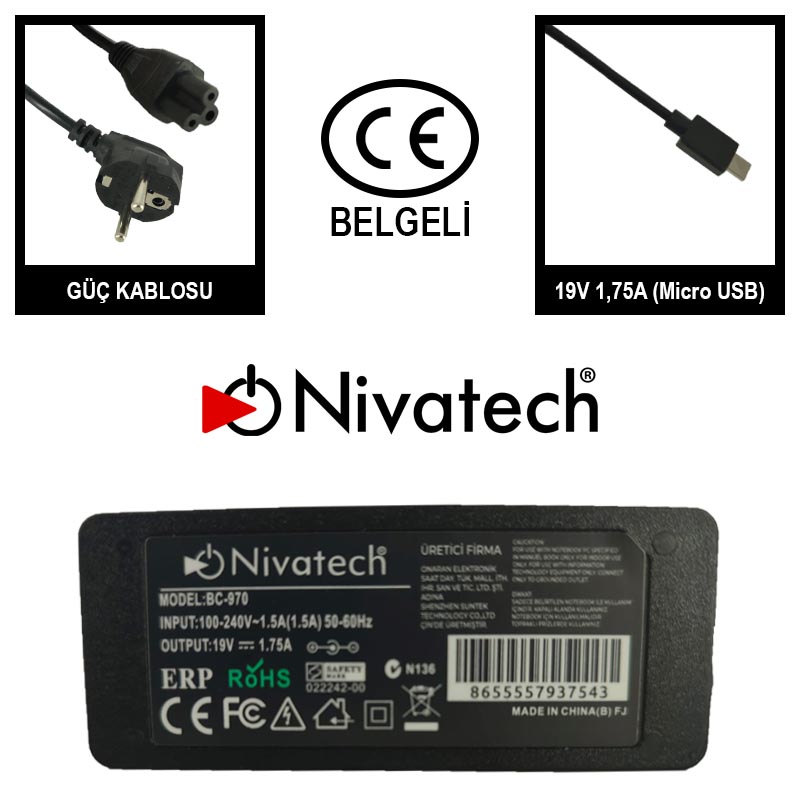Nivatech BC970 AC/DC LAPTOP POWER SUPPLY 19V 1,75A  MICRO USB