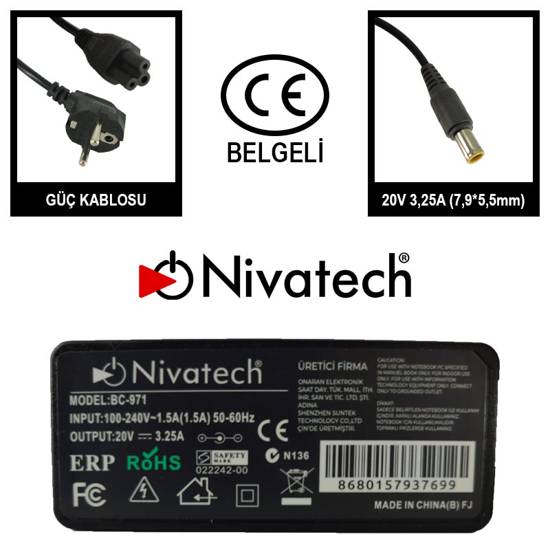 Nivatech BC-971 AC/DC LAPTOP POWER SUPPLY 20V 3,25A (7,9*5,5mm) LENOVO