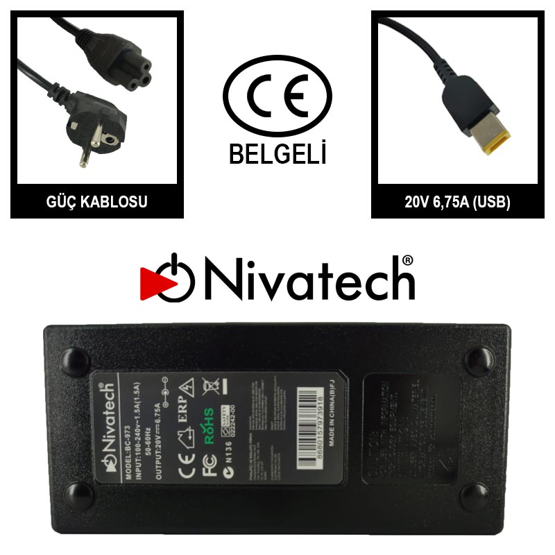 Nivatech BC973 AC/DC LAPTOP POWER SUPPLY 20V 6,75A LENOVO USB YELLOW