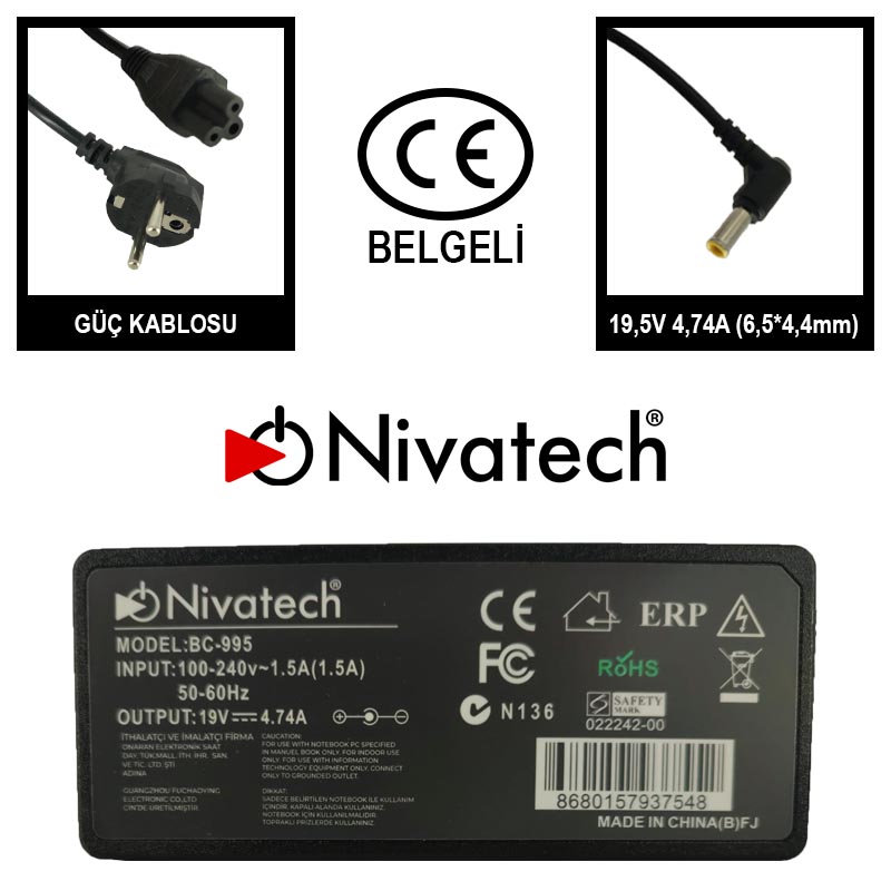 Nivatech BC-995 AC/DC LAPTOP POWER SUPPLY 19V 4,74A (6,5*4,4mm) LG