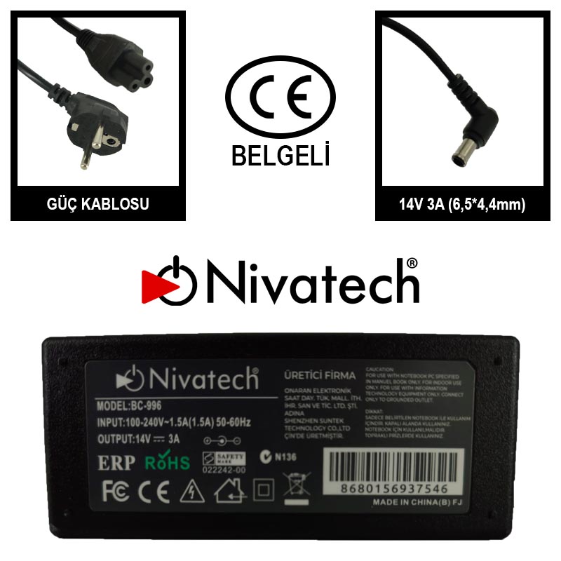 Nivatech BC996 AC/DC LAPTOP POWER SUPPLY 14V 3A (6,5*4,4mm)					